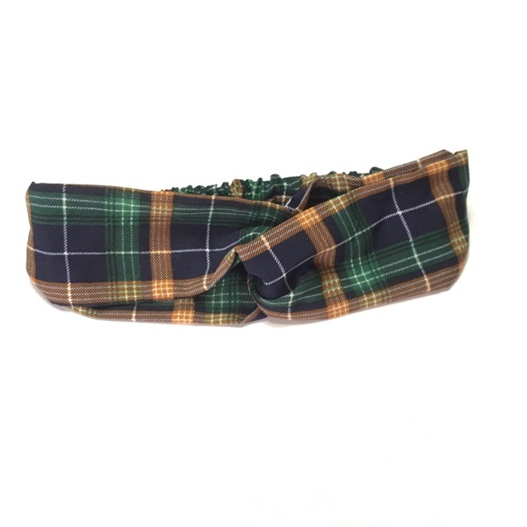 Navy Blue Plaid Print Boho Twist Headband - Picture 2 of 8